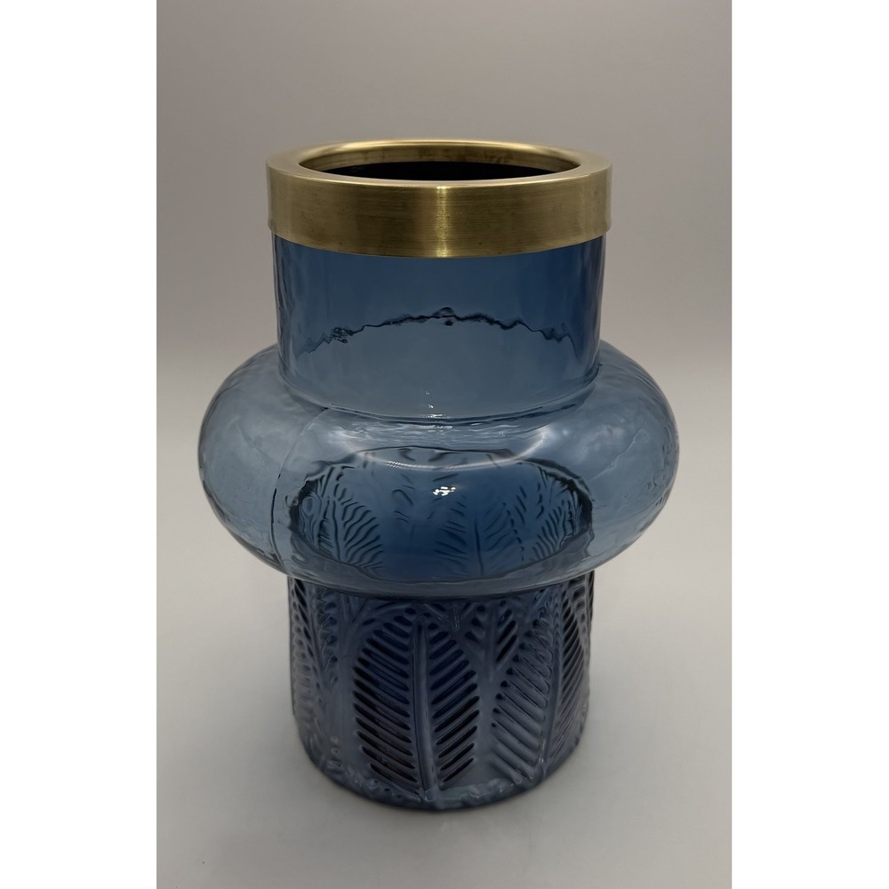 Contemporary MCM Blue Glass Vase Brass Rim Bubble Shape Fern Leaf Textured Vase
